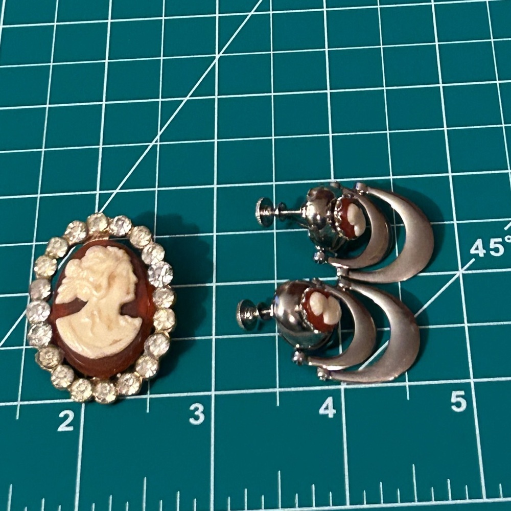 Vintage Cameo Brooch with Rhinestones AND Silver Tone Cameo Dangle Earrings